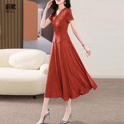 中国风橘红色假两件连衣裙女气质，显瘦2024夏改良版旗袍裙长款