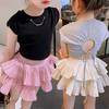 韩国女童套装夏装2023时尚洋气时髦露背短袖T+百褶裙裤两件套