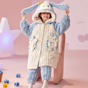 女童睡衣2023冬款三层夹棉儿童，睡袍珊瑚绒加厚大童女孩家居服
