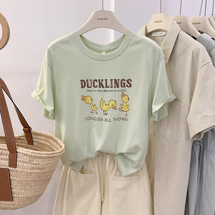 洛洛拉 小鸭子卡通印花短袖T恤女夏季圆领套头薄款打底衫上衣