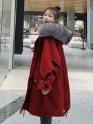 派克服棉衣女，2023年冬装宽松200斤大码红色，加绒加厚棉服外套