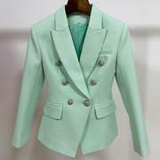 2024欧美时尚薄荷绿纯色双排扣修身通勤西装女百搭短外套