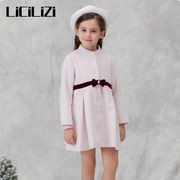LiCiLiZi粒子女童粉色立领呢子外套长袖2022早春款蝴蝶结腰带上衣