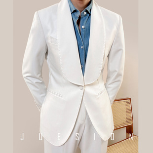 juesion青果领白色西装，套装男商务绅士，修身一粒扣结婚礼新郎礼服