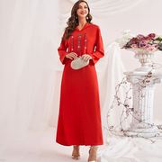 橙红色带帽款手缝钻女士阿拉伯长袍中东沙特连衣裙盖脚踝高个子裙