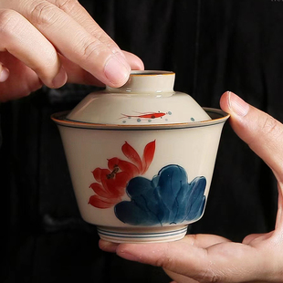 三才盖碗单个手绘青花瓷茶杯陶瓷家用复古泡茶碗茶杯功夫茶具套装