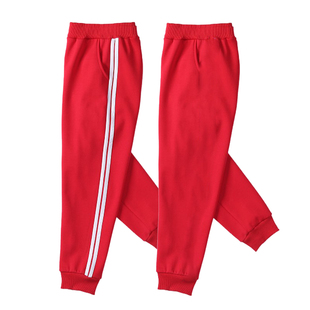 儿童红色运动裤加绒冬男女童纯棉卫裤宽松长裤子小学生两条杠校服
