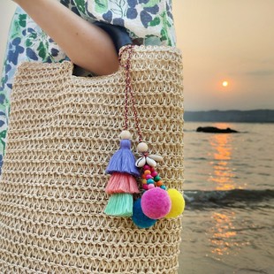复古民族风包包挂饰波西米亚海洋风手工DIY编织毛球贝壳流苏挂件
