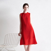 欧美夏季潮流宽松时尚，气质红色真丝圆领无袖，背心长款连衣裙kb