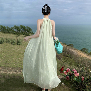 三亚旅游海边度假裙无袖挖肩挂脖连衣裙夏季长裙沙滩海滩绿色