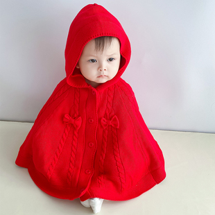 宝宝披肩红色洋气童装外套婴儿，披风斗篷春秋，冬季外出薄绒保暖防风