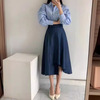 韩国chic春季翻领灯笼袖蓝色衬衫+高腰不规则半身裙时尚套装