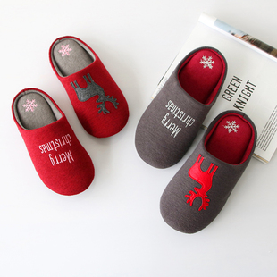 日式秋冬季情侣亲子儿童，棉拖鞋卡通圣诞，鹿男女室内家用静音拖鞋