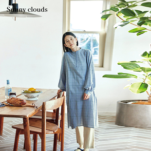 春季 桑妮库拉/Sunny clouds蓝灰色纯棉灯笼袖格子衬衫裙长裙