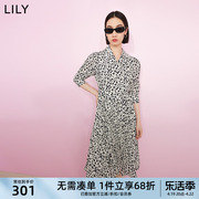 lily夏女装(夏女装)俏皮爱心，印花气质翻领复古泡泡，袖高腰款连衣裙