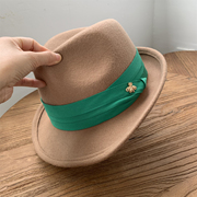 驼色卷边礼帽女秋冬法式羊毛毡帽女时尚，绿色小沿爵士毛呢帽子