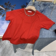 红色t恤设计感套头，纯色显瘦百搭t恤短袖潮流夏季f#25