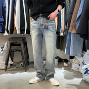 韩国男装直播mood重工百货级，水洗抓痕磨损设计阔腿直筒牛仔裤