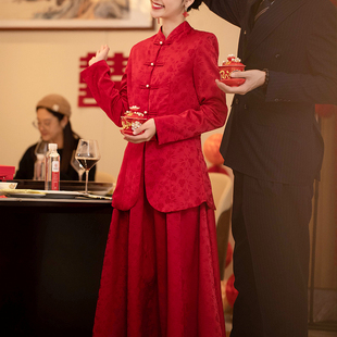 苏爱心动红色旗袍敬酒服女新中式，套装长袖新娘，订婚礼服裙小个子
