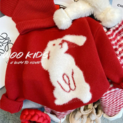 兔年炸街拜年服亲子装外套一家三口秋冬季洋气宝宝红色毛衣母女装