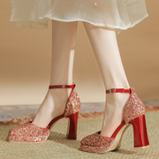 高跟鞋女新娘鞋婚鞋禾秀婚纱两穿春季一字带中空红色粗跟单鞋
