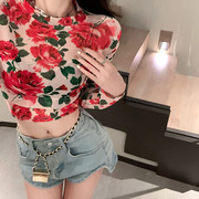 韩国2022春季复古小众时髦碎花，百搭显瘦收腰修身长袖t恤女