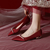 红色婚鞋女低跟中式秀禾订婚新娘鞋，2024年尖头平底单鞋不累脚