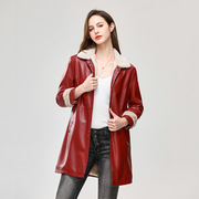 树林鸟2021韩版女士皮衣，中长款纯色加绒加厚翻领，毛领时尚外套