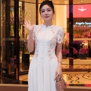 田娇baby越南小众设计精致优雅白色水溶蕾丝百褶连衣裙重工唯美裙
