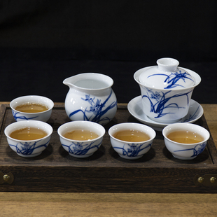 景德镇高档手绘青花瓷整套功夫，茶具套装6人兰花，红茶陶瓷盖碗茶具