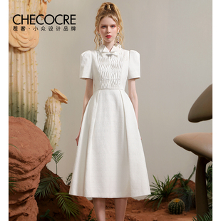 茬客新中式复古连衣裙2024年夏季气质感优雅知性中长款白色裙子女