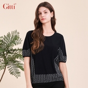 Gitti/吉蒂格子印花宽松大码短袖女圆领拼接显瘦T恤G241535