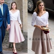 高端定制西班牙王后同款白色真丝，上衣粉色缎面半裙时尚，套赫本套装