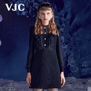 VJC/威杰思女装秋冬法式立领网纱连衣裙泡泡袖蕾丝小黑裙