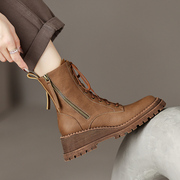 爱米高欧美(高欧美)女鞋秋冬时尚，马丁靴绑带牛皮靴子平底坡跟女靴真皮短靴