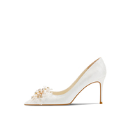 白色法式婚鞋2023花朵高跟单鞋女细跟主婚纱新娘鞋气质宴会鞋