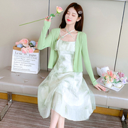 裙子仙女绿色雪纺吊带连衣裙仙气夏季女装超仙两件套装中长裙