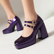 宝蓝色高跟鞋漆皮防水台粗跟单鞋，水钻婚鞋紫色玛丽珍鞋模特走秀鞋