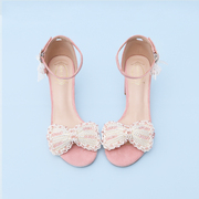 粉色粗跟夏季甜美少女凉鞋一字扣带珍珠蝴蝶结通勤高跟女鞋