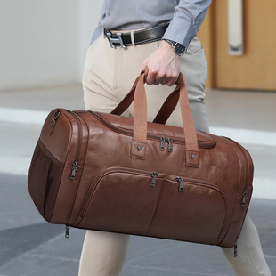 复古旅行包男美式棕色PU皮革超大容量短途短期手提健身特大行李袋