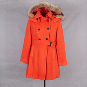 冬季千黛百合桔色双排扣长袖可拆卸帽通勤中长款羊毛呢大衣外套女