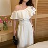 韩国chic夏季法式气质斜肩双层荷叶边系带收腰显瘦中长款连衣裙女