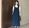 学院风甜美藏青色毛呢，背心连衣裙子女学生，+蕾丝花边衬衫两件套