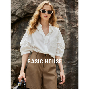 Basic House/百家好时尚短袖女衬衫2023夏季设计感小众衬衣