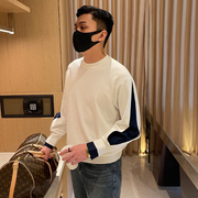 韩版个性设计侧缝拼接假两件针织衫男休闲简约随性宽松圆领毛衣男