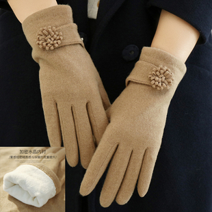 春秋冬季女士加绒加厚羊毛羊绒触屏手套，弹力针织保暖短款防寒