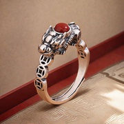 国潮复古铜钱玛瑙貔貅泰银戒指男女做旧工艺，开口情侣藏银指环礼物