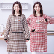时尚女小熊加厚棉布长袖围裙家用厨房做饭格子罩衣干活带袖工作服
