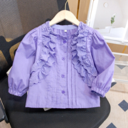 韩国童装女童荷叶边衬衫，长袖2024春装洋气百搭纯棉花边上衣