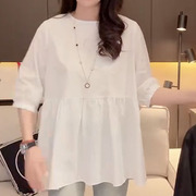 韩版后背镂空衬衫女春季小众设计感甜美宽松白色，泡泡袖娃娃衫上衣